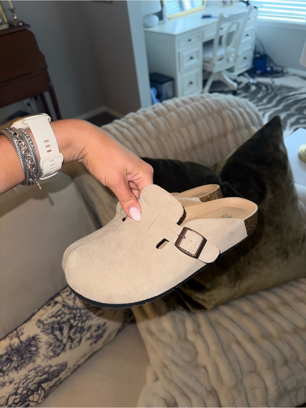 Women's Suede Slip-On Clog with Buckle - Beige